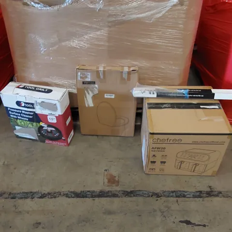 PALLET OF ASSORTED ITEMS INCLUDING,DUAL BASKET AIR FRYER, PRESSURE WASHER SURFACE CLEANER WITH WHEELS, TOILET SEATS, WINDOW FILM