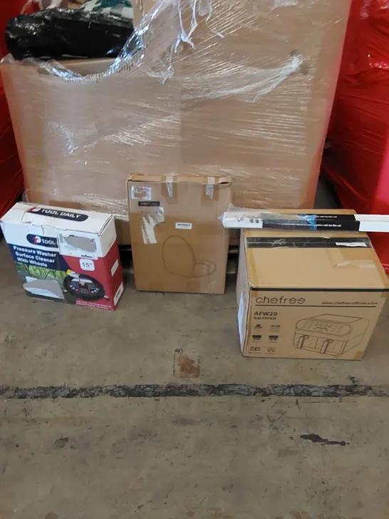 PALLET OF ASSORTED ITEMS INCLUDING,DUAL BASKET AIR FRYER, PRESSURE WASHER SURFACE CLEANER WITH WHEELS, TOILET SEATS, WINDOW FILM