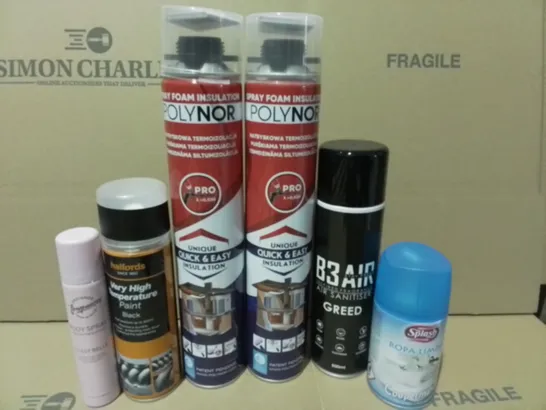 LOT OF 12 ASSORTED AEROSOLS TO INCLUDE POLYNOR FOAM INSULATION, AIR SANITISER AND BLACK PAINT / COLLECTION ONLY