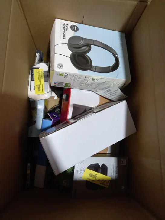 BOX OF APPROXIMATELY 15 ASSORTED ITEMS TO INCLUDE PORTABLE SPEAKER, SKY REMOTE CONTROL, WIRED HEADPHONES ETC