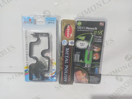 LOT OF APPROXIMATELY 10 ASSORTED HOUSEHOLD ITEMS TO INCLUDE MIORO TOUCH PERSONAL TRIMMER, METAL POLISH, RESTAR DOUBLE CURTAIN RODS BRACKET, ETC