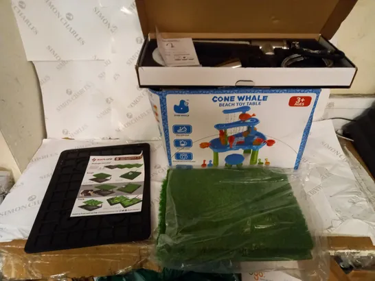 BOX OF APPROXIMATELY 10 HOUSEHOLD PRODUCTS TO INCLUDE BEACH TOY TABLE, KITCHEN FAUCET, GOLF MAT, ETC