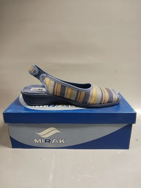 BOXED PAIR OF MIRAK CLASSIC OPEN TOE SLIP ON SANDLES IN BLUE - SIZE 6