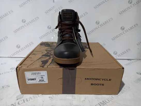 BOXED PAIR OF RAXID MOTORCYCLE BOOTS IN COFFEE COLOUR UK SIZE 10