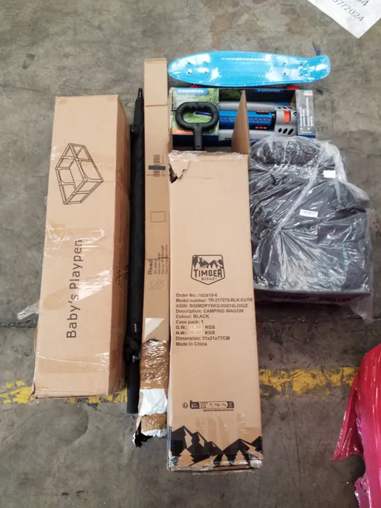 PALLET OF ASSORTED PRODUCTS INCLUDING BABYS PLAYPEN, CAMPING WAGON, CHAIR MAT, GARDEN SPRINKLER, UMBRELLAS, SKATEBOARD 