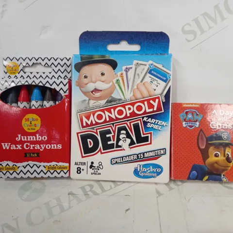 BOX OF APPROXIMATELY 10 ASSORTED TOYS AND GAMES TO INCLUDE PAW PATROL A DAY WITH CHASE, MONOPOLY DEAL, JUMBO WAX CRAYONS, ETC