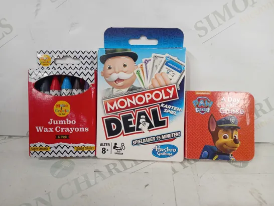 BOX OF APPROXIMATELY 10 ASSORTED TOYS AND GAMES TO INCLUDE PAW PATROL A DAY WITH CHASE, MONOPOLY DEAL, JUMBO WAX CRAYONS, ETC