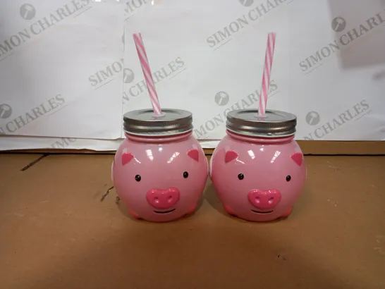 LOT OF 2 FLYING PIG MASON JARS WITH STRAWS