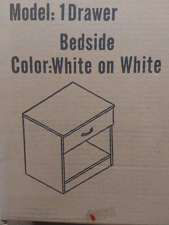 BRAND NEW BOXED DESIGNER 1-DRAWER BEDSIDE TABLE IN WHITE/WHITE - CC11 (1 BOX)