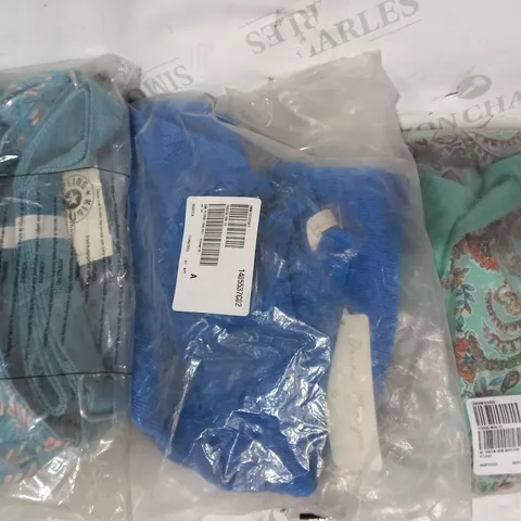 BOX OF APPROXIMATELY 15 ASSORTED CLOTHING AND FASHION ITEMS OF VARIOUS COLOURS AND STYLES TO INCLUDE DANNI MINOGUE, KIPLING, ETC