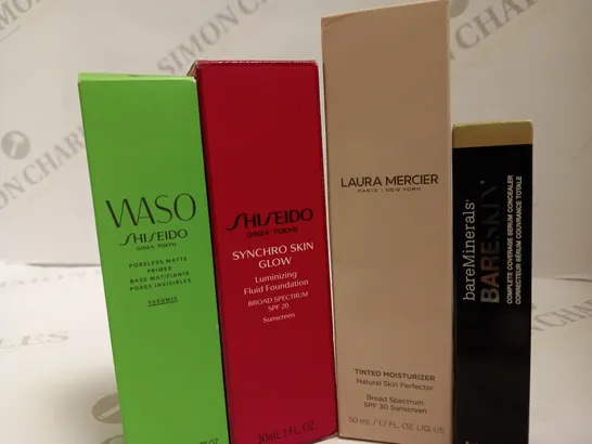 LOT OF 4 ASSORTED SKINCARE PRODUCTS TO INCLUDE LAURA MERCIER 50ML TINTED MOISTURISER, SHISEIDO 20ML PORELESS MATTE PRIMER, SHISEIDO 30ML FLUID FOUNDATION, AND BAREMINERALS 6ML BARESKIN SERUM CONCEALER