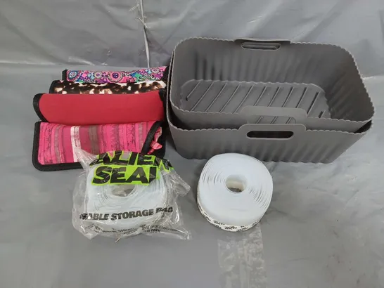 BOX OF APROX 15 ITEMS TO INCLUDE GLASSES - 2 PIECE AIR FRYER BASKET SET - ALIEN SEAL SET / COLLECTION ONLY 