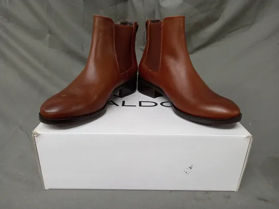 BOXED PAIR OF ALDO MEAVEN LEATHER ANKLE BOOTS IN BROWN UK SIZE 3