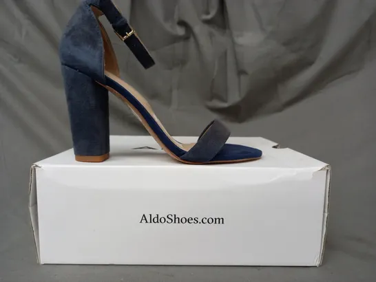 BOXED PAIR OF ALDO JERAYCLYA OPEN TOE BLOCK HEEL SANDALS IN NAVY UK SIZE 3