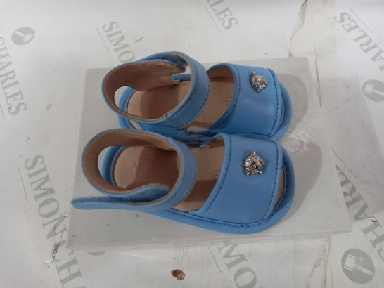 BOXED PAIR OF BLUE YOUNG VERSACE SANDALS