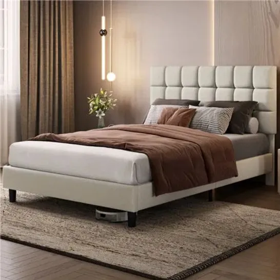 BOXED SIZE MODERN UPHOLSTERED BED FRAME WITH SQUARE TUFTED HEADBOARD - 135CM DOUBLE, BEIGE (1 BOX)