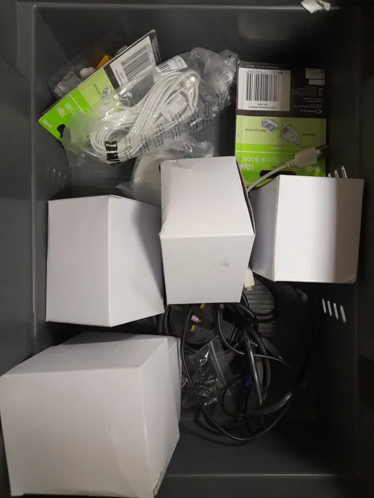 BOX OF APPROXIMATELY 15 ASSORTED ELECTRICAL ITEMS TO INCLUDE BT WIFI DISK, ETHERNET HOODS, WIRELESS MOUSE ETC