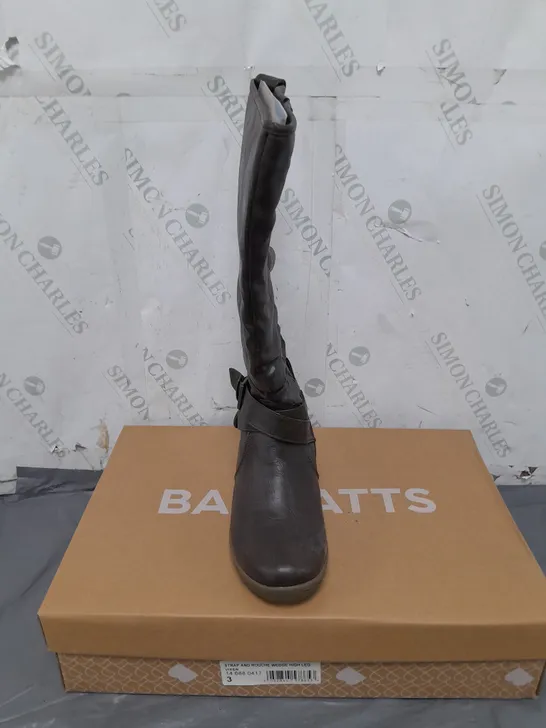 BOX OF APPROXIMATELY 7 PAIRS OF BARRATTS STRAP AND ROUCHE WEDGE HIGH BOOTS SIZE 3