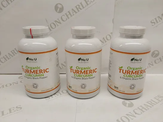 APPROXIMATELY 3 BOTTLES OF NU U ORGANIC TUMERIC CURCUMIN & ORGANIC BLACK PEPPER NUTRITION VEGAN CAPSULES - 365 CAPSULES PER BOTTLE // BEST BEFORE: 07/26