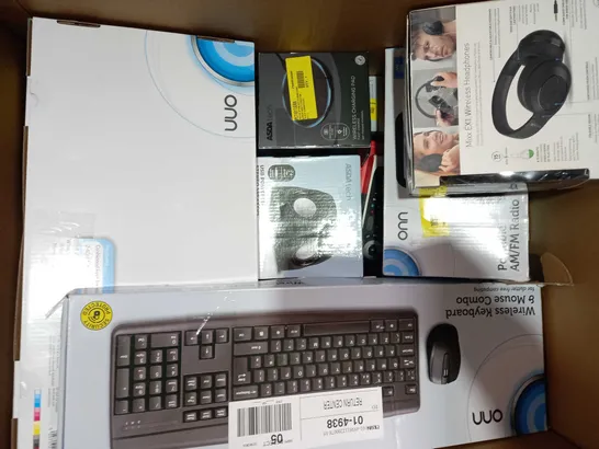 BOX OF APPROXIMATELY 20 ASSORTED ELECTRICAL ITEMS TO INCLUDE ONN LANDLINE PHONE, JUICENOTE XL SPEAKER, ASDA TECH OPTICAL CABLE, ETC