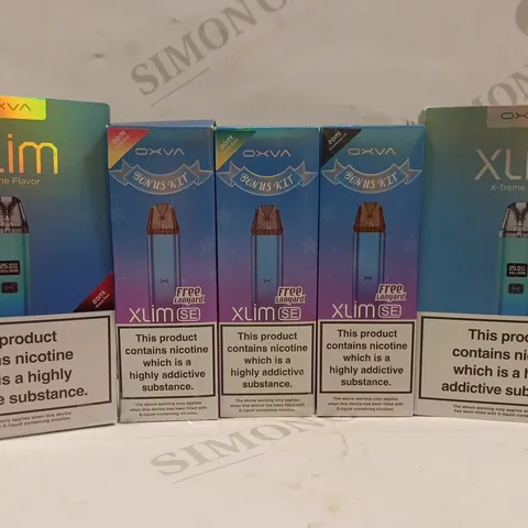 BOX OF 5 ASSORTED OXVA VAPE SYSTEMS TO INCLUDE 2 X XLIM X-TREME FLAVOUR VAPES & XLIM SE VAPES 