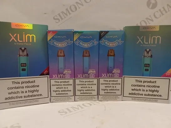 BOX OF 5 ASSORTED OXVA VAPE SYSTEMS TO INCLUDE 2 X XLIM X-TREME FLAVOUR VAPES & XLIM SE VAPES 