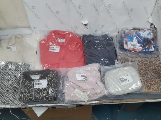 BOX OF APPROXIMATELY 10 ASSORTED BAGGED CLOTHING AND BAGS IN VARIOUS STYLES AND SIZES 