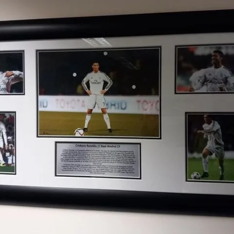 TWO FRAMED CRISTIANO RONALDO COLLAGES ONE DEPICTING HIS TIME AT REAL MADRID AND ONE DEPICTING HIS TIME WITH JUVENTUS