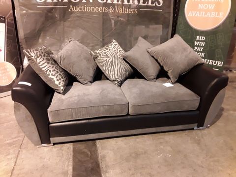 DESIGNER BLACK FAUX LEATHER & GREY FABRIC THREE SEATER SOFA WITH SCATTER CUSHIONS 