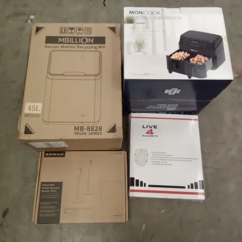 PALLET OF ASSORTED ITEMS INCLUDING SENSOR MOTION RECYCLING BIN, SANUS ADJUSTABLE HEIGHT SPEAKER STANDS, LIVE4GADGETS TOILET SEAT, MONCOOK DOUBLE AIR FRYER, TRACING LIGHT PAD, METAL END TABLE 