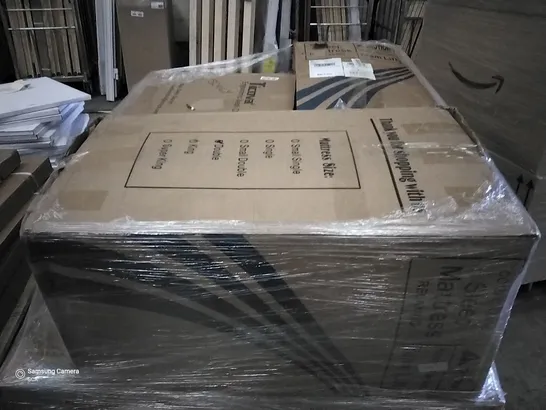 PALLET OF ASSORTED ITEMS TO INCLUDE A ERGONOMIC MESH CHAIR AND A BOXED COMFORTABLE SLEEP MATTRESS 