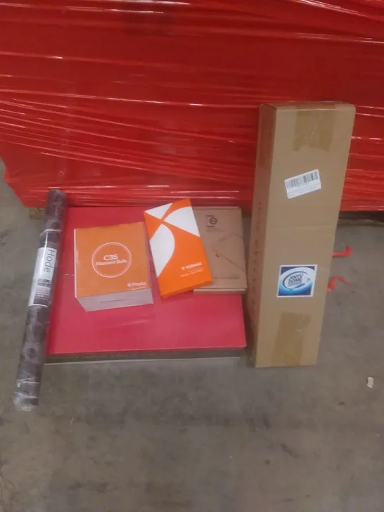 PALLET OF ASSORTED ITEMS INCLUDING WALLPAPER, FILAMENT BULB, CHRISTMAS TREE FENCE, FLOOR CLEANER