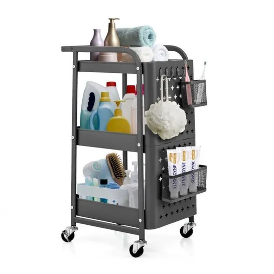 BOXED 3 TIER ROLLING STORAGE ORGANIZER CART WITH DUAL DIY PEGBOARDS - GREY 