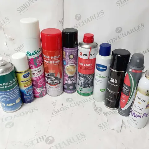 APPROXIMATELY 14 ASSORTED AEROSOL SPRAYS TO INCLUDE; FABULOUS, SCHOLL, BATISTE, WURTH, VASELINE, BOOTBUDDY AND PANTENE