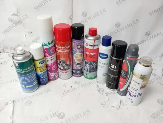 APPROXIMATELY 14 ASSORTED AEROSOL SPRAYS TO INCLUDE; FABULOUS, SCHOLL, BATISTE, WURTH, VASELINE, BOOTBUDDY AND PANTENE