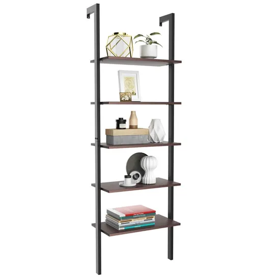 BOXED COSTWAY INDUSTRIAL STYLED WALL MOUNTED 5-TIER LADDER SHELF - COFFEE