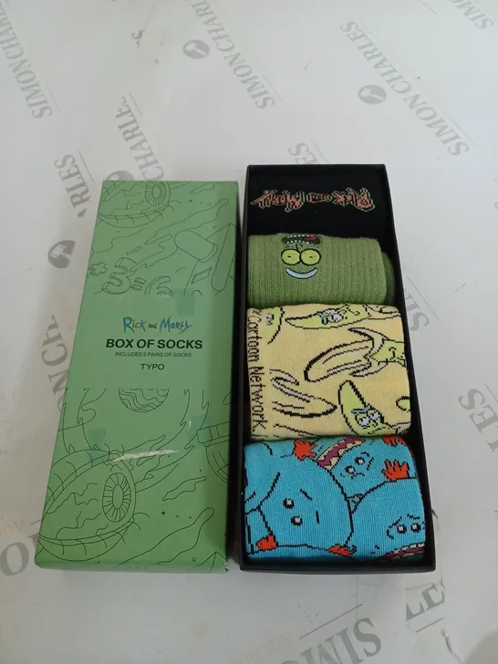 BOXED TYPO RICK AND MORTY BOX OF SOCKS 4 PAIRS OF SOCKS 