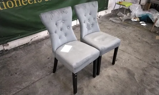 PAIR OF KENSINGTON GREY VELVET BUTTON BACK DINING CHAIRS WITH BLACK LEGS