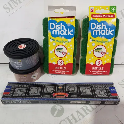 LOT OF APPROXIMATELY 10 ASSORTED HOUSEHOLD ITEMS TO INCLUDE DISH-MATIC PACK OF 3 REFILLS, DIAMOND VANILLA CAR AIR FRESHENER, SUPER HIT INCENSE STICKS, ETC