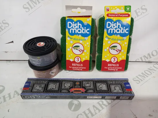 LOT OF APPROXIMATELY 10 ASSORTED HOUSEHOLD ITEMS TO INCLUDE DISH-MATIC PACK OF 3 REFILLS, DIAMOND VANILLA CAR AIR FRESHENER, SUPER HIT INCENSE STICKS, ETC