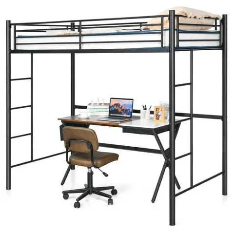 BOXED COSTWAY TWIN METAL LOFT BED FRAME WITH SAFETY GUARDRAIL FOR KIDS AND ADULTS