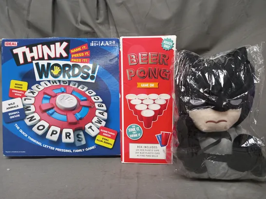 BOX OF APPROXIMATELY 20 ASSORTED TOYS AND GAMES TO INCLUDE THINK WORDS, BEER PONG, BATMAN PLUSH, ETC - COLLECTION ONLY