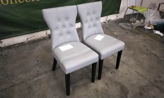 PAIR OF BEWLEY SLATE GREY LEATHER BUTTON BACK DINING CHAIRS WITH BLACK LEGS