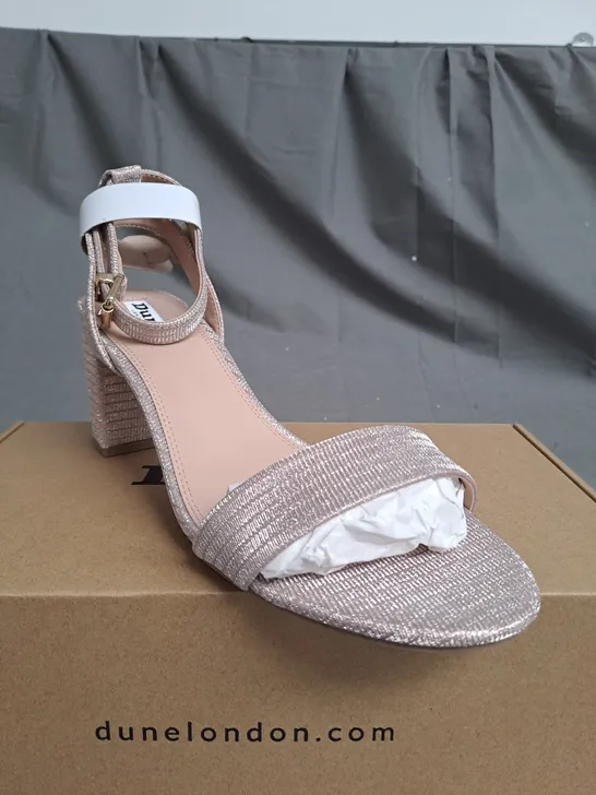 BOXED PAIR OF DUNE LONDON GLITTERED PINK HIGH HEELED SANDALS SIZE 7