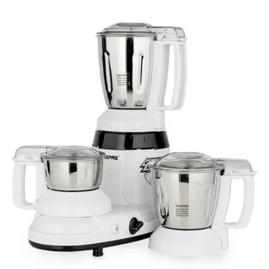 BOXED GEEPAS 750W 3-IN-1 MIXER GRINDER, STAINLESS STEEL JARS & BLADES – 3 SPEED, SAFETY TWIST LOCK (1 BOX)