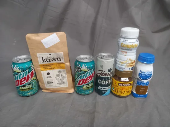 APPROXIMATELY 14 ASSORTED FOOD AND DRINK ITEMS TO INCLUDE MOUNTAIN DEW, ICED COFFEE, COFFEE AND GREEN OLIVES - COLLECTION ONLY