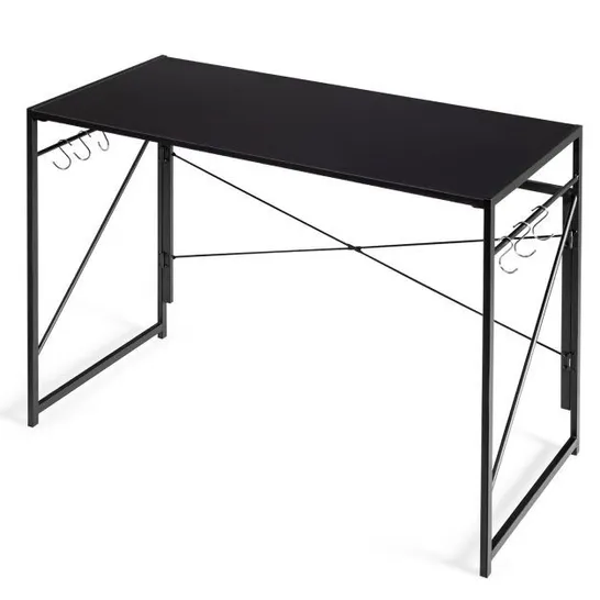 BOXED COSTWAY ENGINEERED WOOD FOLDING COMPUTER DESK WITH 6 HOOKS - BLACK