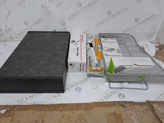 LARGE BOX OF ASSORTED OFFICE EQUIPMENT TOO INCLUDE STORAGE CONTAINERS , CLIPS AND CLIPBOARDS 