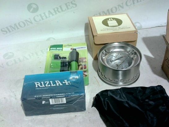 BOX OF APPROX. 15 ASSORTED ITEMS TO INCLUDE: 4PCS CONNECTOR SET, BOX OF RIZLA FILTER TIPS, WILD WOODGAS CAMPSTOVE SIZE: 53 X 43 X 40CM