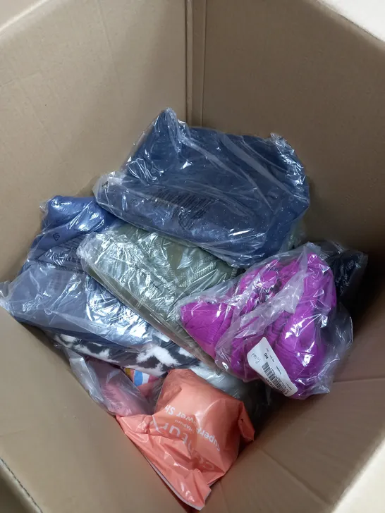 BOX OF ASSORTED CLOTHING ITEMS TOO INCLUDE TOPS , JUMPERS, AND PANTS ETC. 